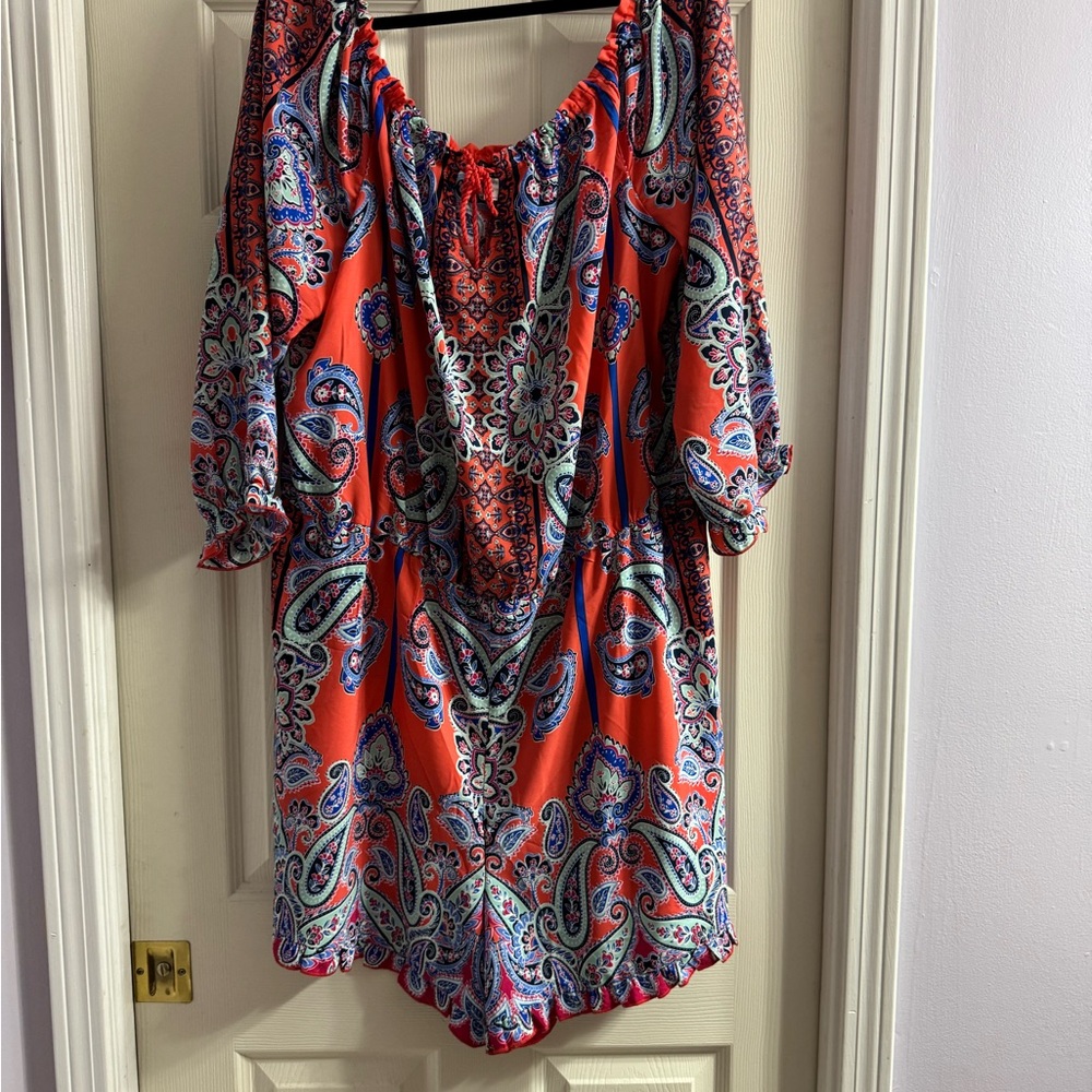 Plus size 2x Venus Red Paisley Off-Shoulder Romper lightweight summer wear